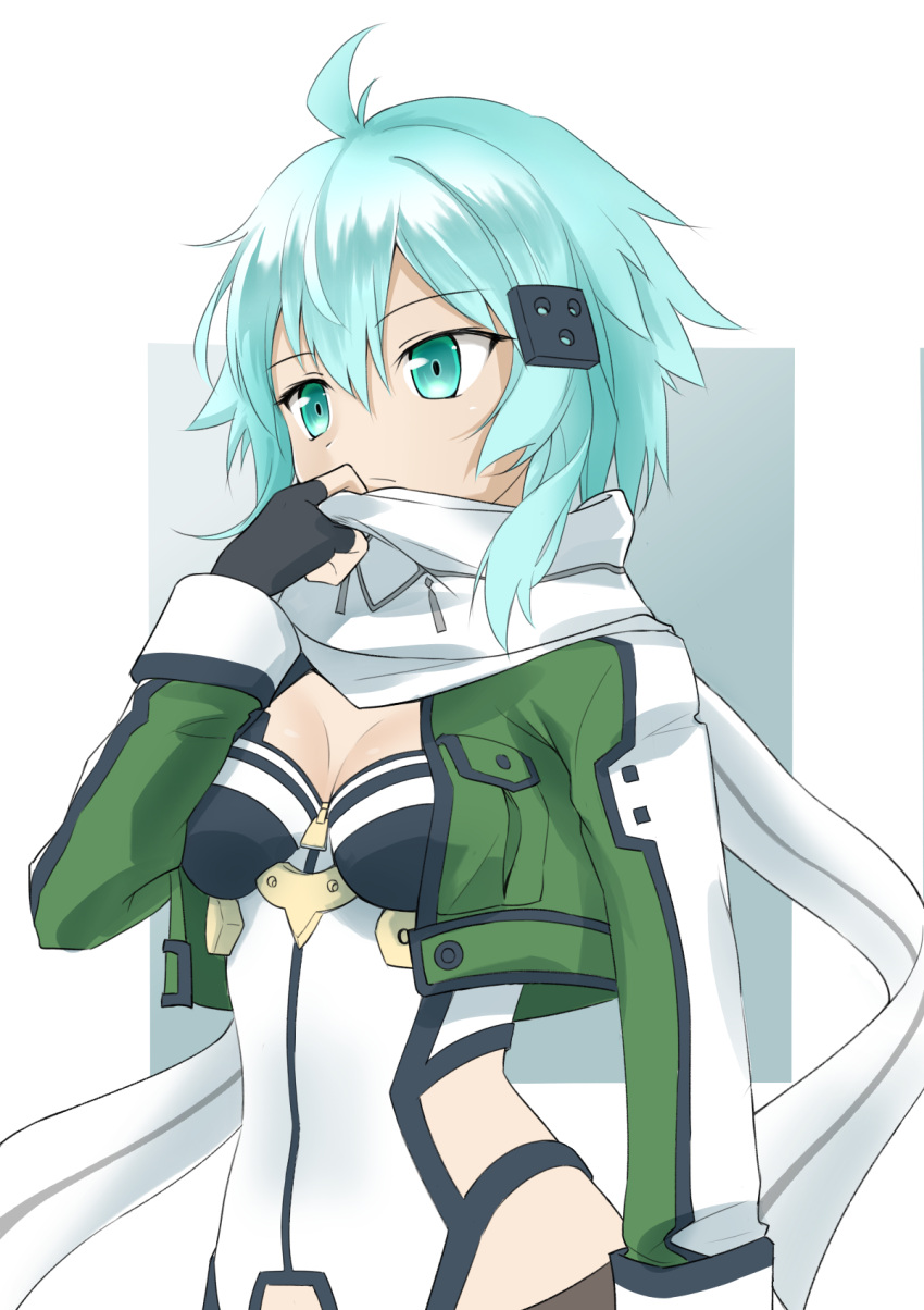 1girl antenna_hair aqua_eyes aqua_hair black_gloves breasts cleavage commentary_request eyebrows_visible_through_hair fingerless_gloves gloves hair_between_eyes hair_ornament hairclip highres long_scarf medium_breasts scarf short_hair sidelocks sinon solo sword_art_online tatsu_(tanishi_24) upper_body white_scarf zipper