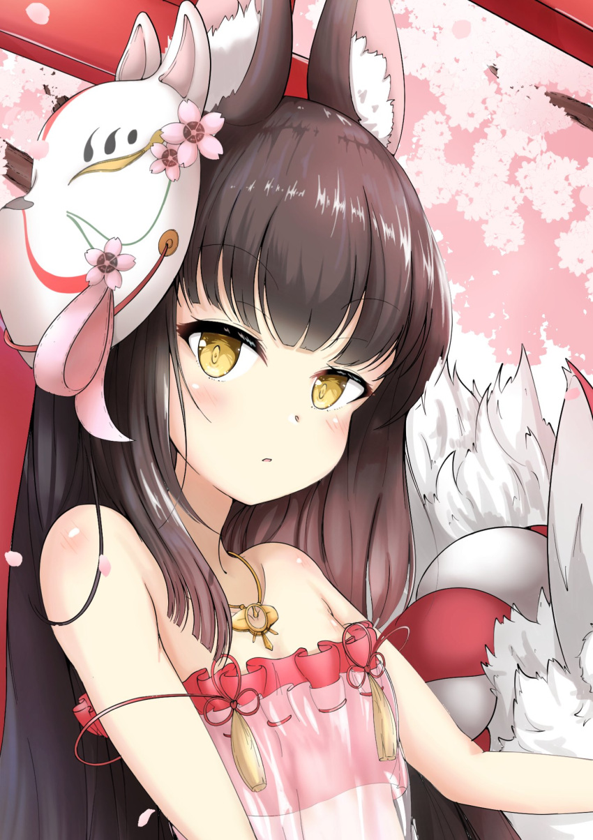 1girl :o animal_ears azur_lane bangs bare_shoulders black_hair blush bra brown_eyes camisole cherry_blossoms choker commentary_request cowboy_shot flower food fox_ears fox_mask highres kitsune long_hair looking_at_viewer mask panties red_bra red_panties red_ribbon ribbon ribbon_trim saki8827 see-through spring_(season) underwear