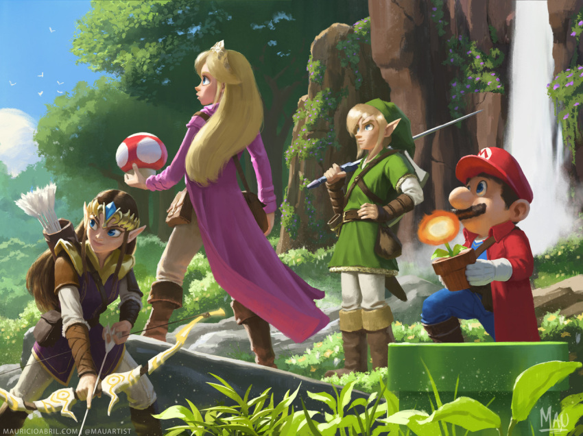 arrow bag blonde_hair blue_eyes boots bow brown_hair coat facial_hair fire_flower forest gloves link long_hair mario super_mario_bros. master_sword mauricio_abril mushroom mustache nature nintendo pointy_ears princess_peach princess_zelda red_mushroom shield short_hair super_mario sword the_legend_of_zelda tiara tunic water waterfall weapon