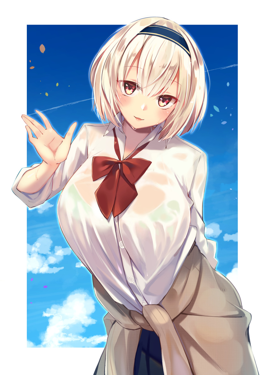 1girl absurdres arm_behind_back azur_lane bangs blue_skirt blue_sky blush bow bowtie breasts clothes_around_waist cowboy_shot eyebrows_visible_through_hair hair_between_eyes hairband hand_up highres large_breasts looking_at_viewer outside_border red_eyes red_neckwear sakura_cha shirt short_hair short_sleeves sidelocks sirius_(azur_lane) skirt sky solo sweat sweater_around_waist wet wet_clothes wet_shirt white_hair white_shirt