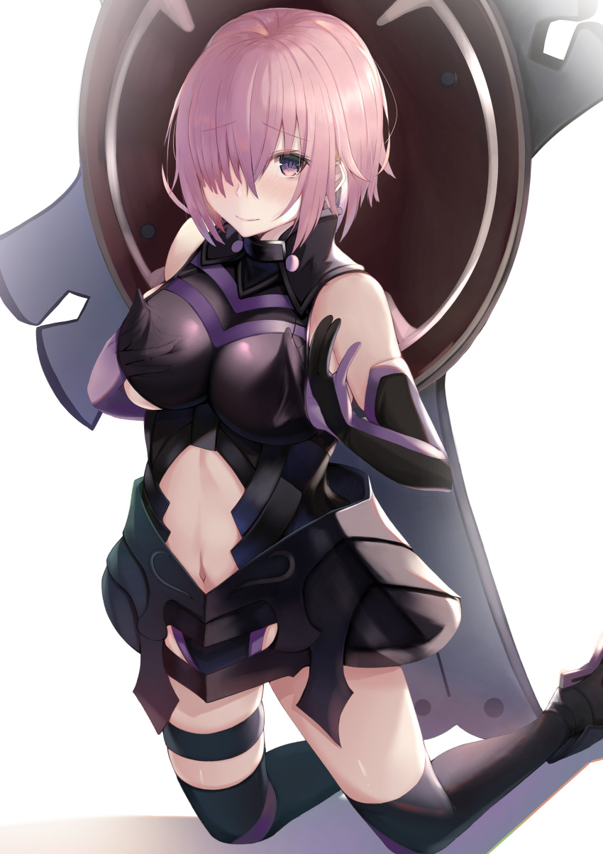 1girl absurdres armored_leotard black_gloves black_legwear black_leotard blush breasts breasts_apart elbow_gloves eyebrows_visible_through_hair fate/grand_order fate_(series) gloves hair_over_one_eye highres kazuha_(saku_kn) kneeling leotard looking_at_viewer mash_kyrielight medium_breasts midriff navel navel_cutout pink_hair shield shiny shiny_hair shiny_skin short_hair smile solo stomach thigh-highs thigh_strap violet_eyes white_background
