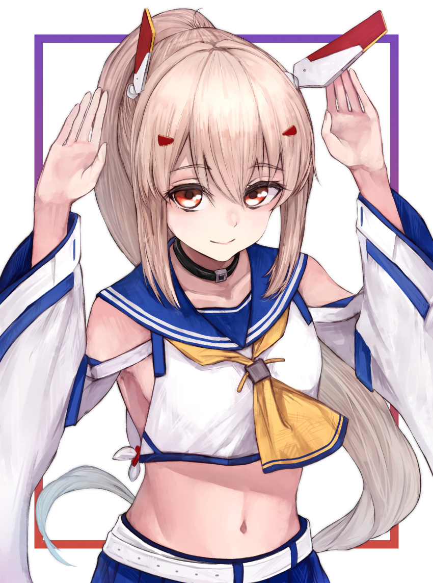 1girl absurdres armpits arms_up ascot ayanami_(azur_lane) azur_lane belt border breasts choker collarbone cowboy_shot crop_top detached_sleeves eyebrows_visible_through_hair headpiece highres long_hair looking_at_viewer midriff navel ponytail red_eyes sailor_collar silver_hair simple_background skirt small_breasts smile solo ta938_ka23 white_background wide_sleeves