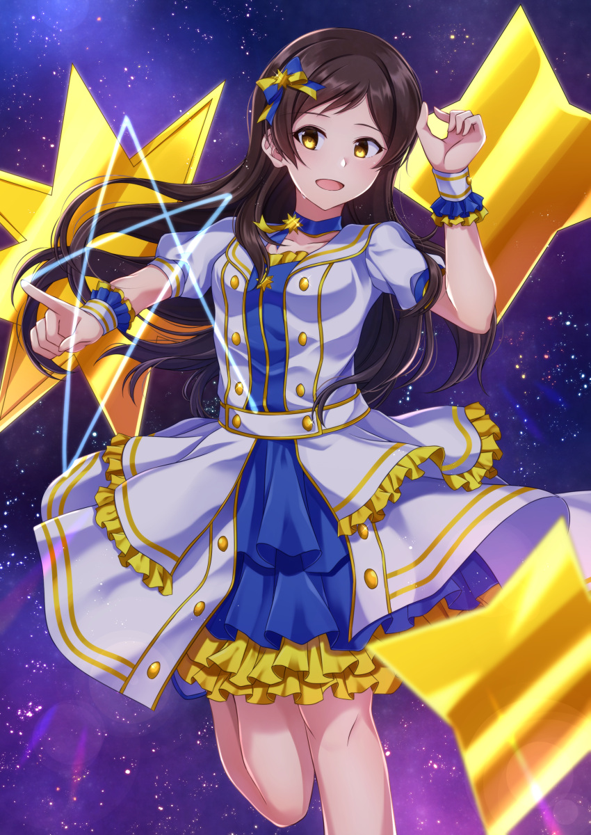 1girl absurdres bangs black_rabbit blurry blush bow breasts brown_eyes brown_hair choker collarbone depth_of_field dress eyebrows_visible_through_hair frills hair_bow highres idolmaster idolmaster_million_live! idolmaster_million_live!_theater_days kitazawa_shiho leg_up long_hair looking_at_viewer medium_breasts night night_sky open_mouth pointing sky smile solo star_(sky) starry_sky sweat white_dress