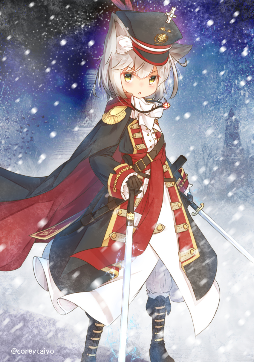 1girl :o animal_ear_fluff animal_ears bangs black_cape black_coat black_footwear black_gloves black_headwear blush boots cape coreytaiyo epaulettes eyebrows_visible_through_hair gloves grey_hair grey_pants hair_between_eyes hand_on_hilt hat heterochromia highres holding holding_sword holding_weapon knee_boots long_sleeves looking_at_viewer military military_hat military_uniform multicolored multicolored_cape multicolored_clothes night night_sky original outdoors pants parted_lips peaked_cap red_cape red_eyes sheath sky sleeves_past_wrists snow solo sword twitter_username uniform unsheathed v-shaped_eyebrows weapon yellow_eyes