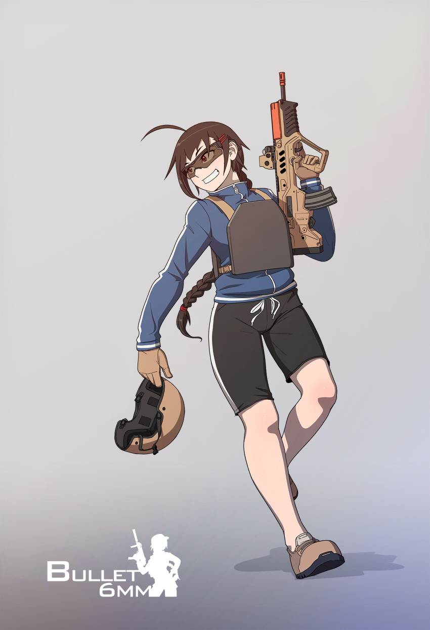 1girl ahoge airsoft assault_rifle body_armor braid brown_hair bullpup commentary_request full_body gloves grin gun headwear_removed helmet helmet_removed highres holding holding_gun holding_weapon imi_tavor_tar-21 jacket korean_commentary long_hair original ranger_(mll0101) rifle shooting_glasses shorts simple_background smile solo track_jacket trigger_discipline weapon