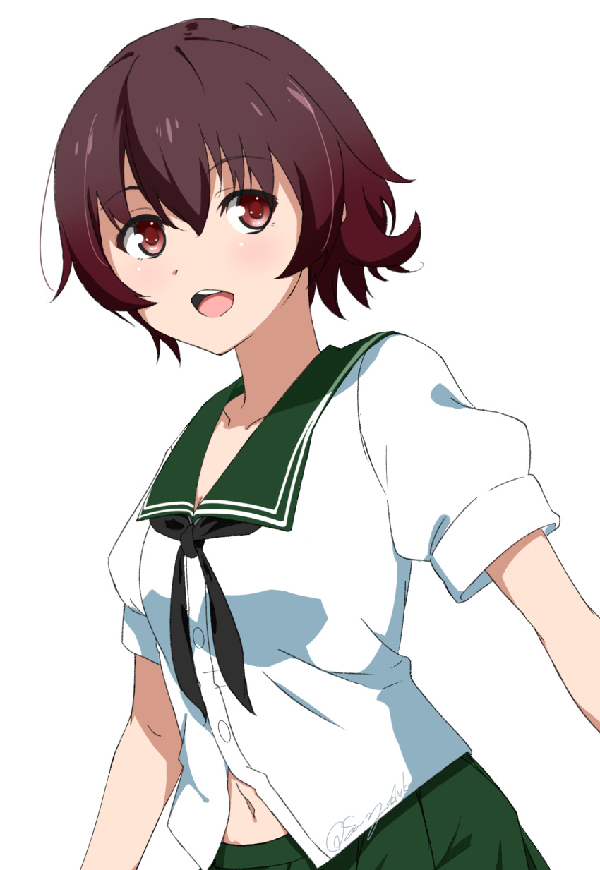 1girl black_neckwear brown_hair commentary_request gradient_hair green_sailor_collar green_skirt highres kantai_collection looking_at_viewer multicolored_hair mutsuki_(kantai_collection) navel neckerchief open_mouth pleated_skirt redhead round_teeth sailor_collar school_uniform serafuku short_hair simple_background skirt solo sui_(sui27shika) teeth upper_body upper_teeth white_background