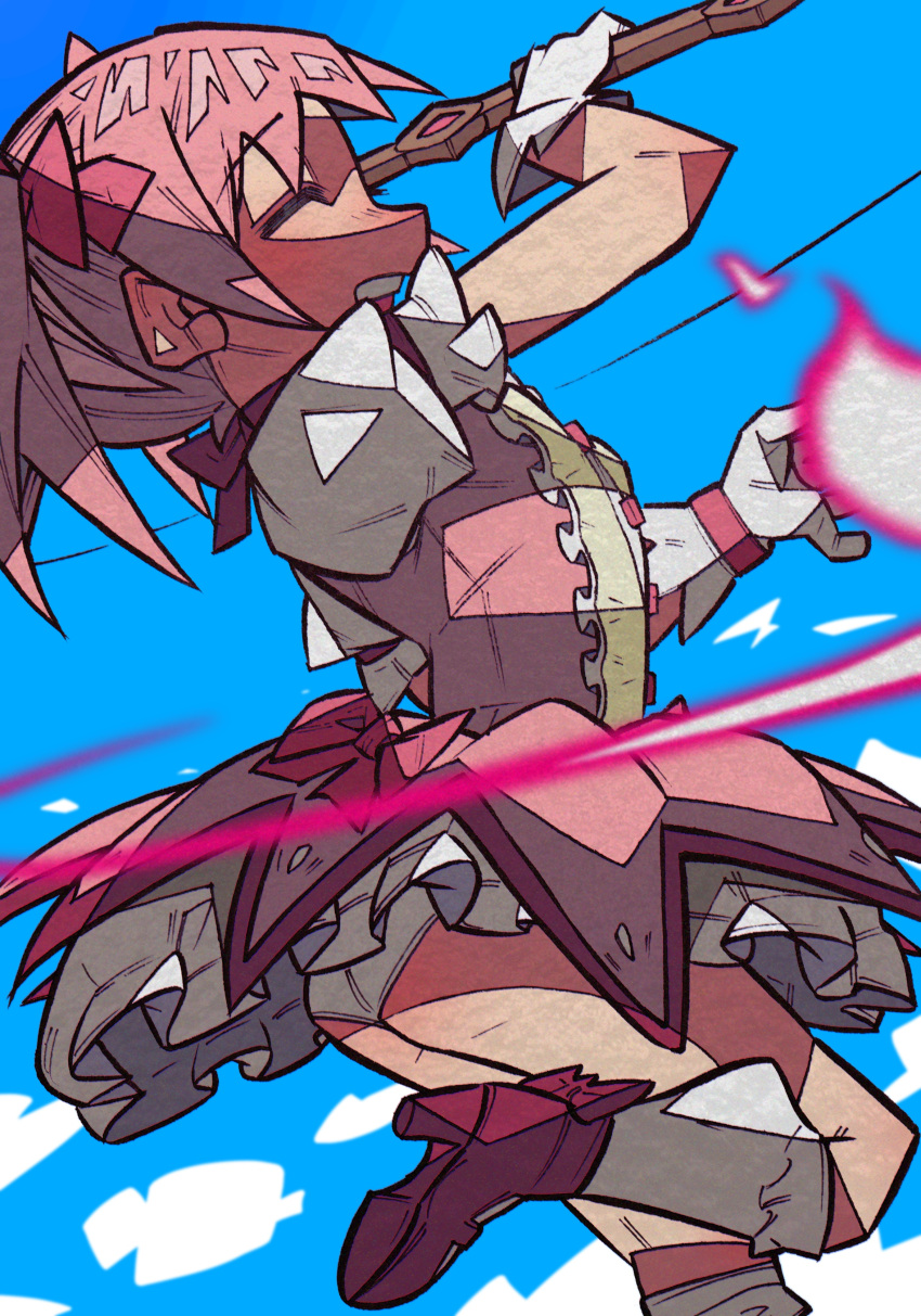 1girl :d ^_^ absurdres ass bow bow_(weapon) bubble_skirt closed_eyes closed_eyes eyebrows_visible_through_hair gloves hair_bow highres holding holding_bow_(weapon) holding_weapon kaname_madoka leg_up magical_girl mahou_shoujo_madoka_magica mary_janes open_mouth panties pink_bow pink_footwear pink_hair pink_skirt puffy_short_sleeves puffy_sleeves shoes short_hair short_sleeves skirt smile socks solo teeth twintails underwear weapon white_gloves white_legwear white_panties yaya_hiyayaka