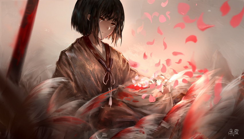 1boy bangs black_hair brown_eyes cherry_blossoms expressionless hei_xue highres japanese_clothes kimono kuro_the_divine_heir looking_at_viewer petals sekiro:_shadows_die_twice short_hair solo