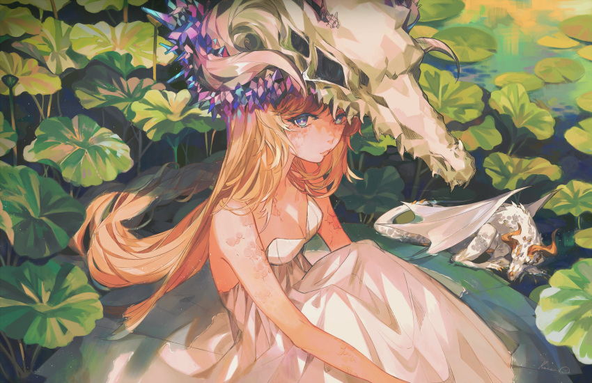 1girl bangs bare_arms bare_shoulders blonde_hair blue_eyes breasts closed_mouth commentary crystal dragon dragon_girl dress highres kanekiru legs_together light_particles lily_pad long_hair looking_at_viewer original plant scales sidelocks signature sitting skull skull_hat small_breasts solo strapless strapless_dress very_long_hair white_dress