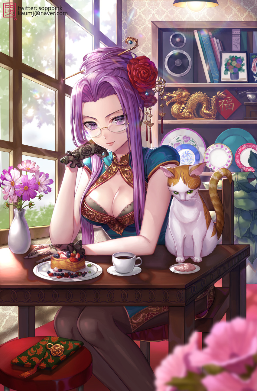 1girl alternate_costume alternate_hairstyle blue_dress bookshelf box_(hotpppink) breasts cake cat china_dress chinese_clothes cleavage cleavage_cutout coffee coffee_mug commentary_request cup day dress fate/grand_order fate/stay_night fate_(series) food glasses gloves hair_bun highres lace lace_gloves legs_together lips long_hair looking_at_viewer medium_breasts mug naver_username pantyhose purple_hair rider rimless_eyewear side_slit sitting solo table twitter_username updo