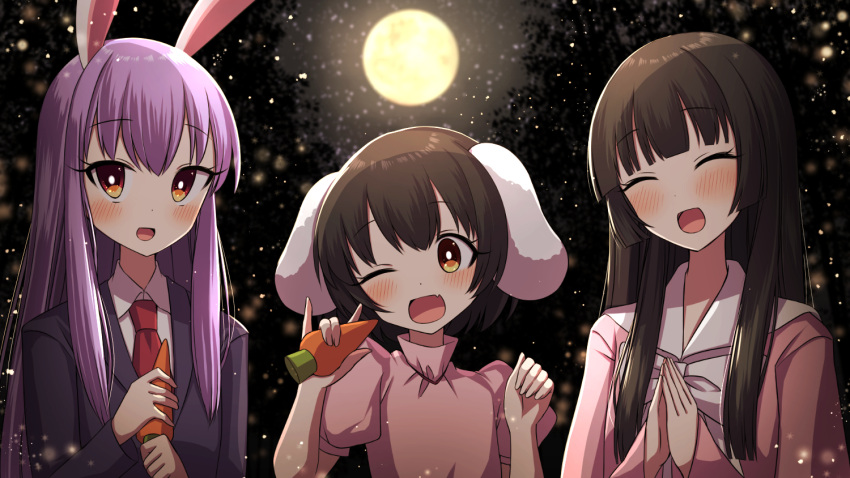 3girls :d \m/ animal_ears arms_up blurry blush bow bowtie bright_pupils brown_hair carrot commentary_request depth_of_field dress eyebrows_visible_through_hair fang forest full_moon hair_between_eyes hands_together head_tilt hime_cut holding houraisan_kaguya inaba_tewi light_particles long_hair long_sleeves looking_at_viewer moon multiple_girls nature necktie night night_sky one_eye_closed open_mouth outdoors pink_dress puffy_short_sleeves puffy_sleeves purple_hair rabbit_ears red_eyes red_neckwear reisen_udongein_inaba shirt short_hair short_sleeves sky smile standing suit_jacket touhou tsukimirin upper_body very_long_hair white_neckwear white_pupils white_shirt