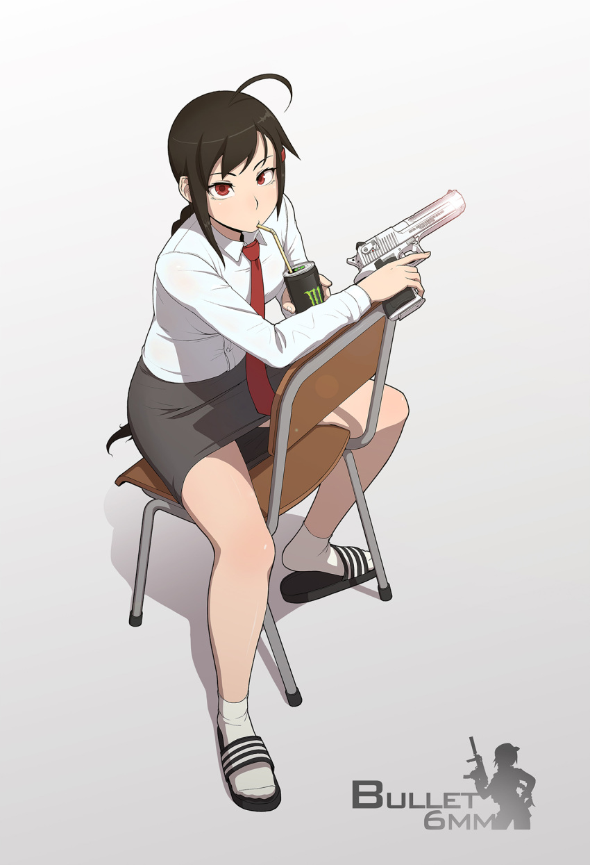 1girl ahoge black_hair braid chair commentary desert_eagle drinking drinking_straw flip-flops full_body gun handgun highres holding holding_gun holding_weapon long_hair looking_at_viewer monster_energy necktie office_lady original pencil_skirt pistol ranger_(mll0101) red_eyes sandals sitting sitting_backwards skirt solo weapon