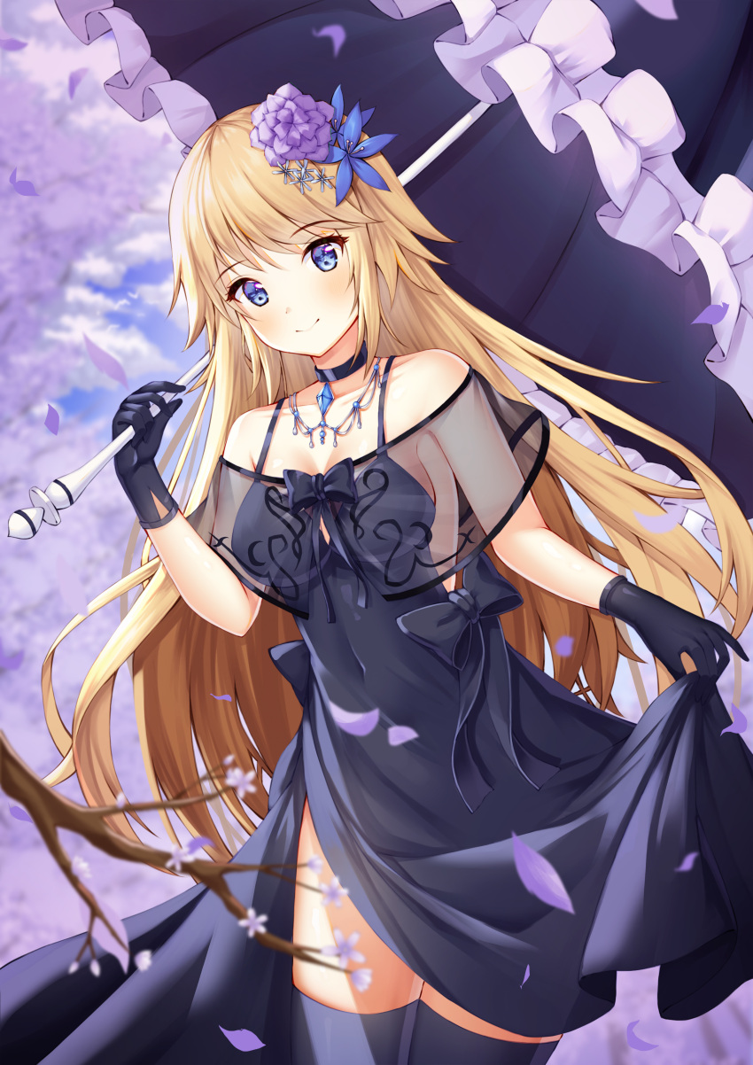 1girl absurdres black_dress black_gloves black_legwear black_umbrella blonde_hair blue_eyes blush breasts cleavage cowboy_shot day dress eyebrows_visible_through_hair fate/apocrypha fate_(series) floating_hair flower gloves hair_flower hair_ornament highres holding holding_umbrella jeanne_d'arc_(fate) jeanne_d'arc_(fate)_(all) kotomaru_(sirouko9511) leaning_to_the_side long_hair looking_at_viewer medium_breasts outdoors petals purple_flower see-through side_slit sideboob skirt_hold sleeveless sleeveless_dress smile solo standing thigh-highs umbrella very_long_hair