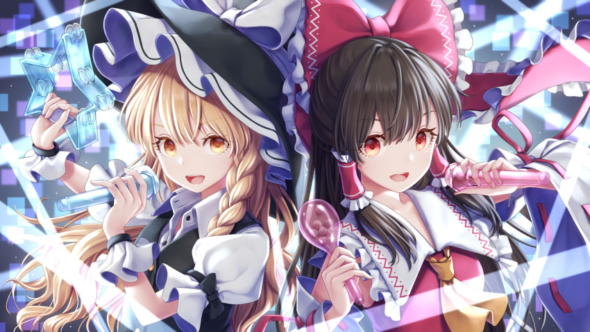 2girls :d ascot bangs bare_shoulders black_hair black_headwear black_vest blonde_hair bow braid breasts commentary_request detached_sleeves dtvisu eyebrows_visible_through_hair frilled_bow frilled_shirt_collar frills hair_between_eyes hair_tubes hakurei_reimu hands_up hat hat_bow holding holding_instrument holding_microphone instrument kirisame_marisa long_hair long_sleeves looking_at_viewer maracas microphone multiple_girls open_mouth red_bow red_eyes ribbon-trimmed_sleeves ribbon_trim shirt sidelocks single_braid small_breasts smile tambourine touhou upper_body vest white_bow white_shirt wide_sleeves wing_collar witch_hat wrist_cuffs yellow_eyes yellow_neckwear