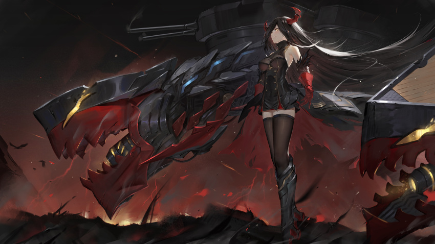 1girl armored_boots artist_request azur_lane bare_shoulders baton_(instrument) black_hair black_legwear boots breasts cannon fire floating_hair friedrich_der_grosse_(azur_lane) full_body gauntlets gloves hair_over_one_eye highres holding horns large_breasts long_hair looking_afar machinery official_art red_gloves red_horns rigging smile smoke_trail solo standing thigh-highs toriumi_harumi turret very_long_hair wind world_of_warships yellow_eyes