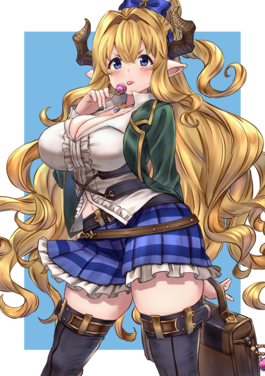 1girl bangs belt black_legwear blazer blonde_hair blue_bow blue_eyes blue_skirt blush bow breasts candy center_frills cleavage collarbone curvy draph food frilled_shirt frilled_skirt frills granblue_fantasy green_jacket hair_between_eyes hair_bow high_ponytail highres horns jacket jewelry kent0320 large_breasts lollipop long_hair long_sleeves looking_at_viewer necklace open_blazer open_clothes open_jacket plaid plaid_skirt pointy_ears rastina school_briefcase school_uniform shirt simple_background skirt solo standing thick_thighs thigh-highs thighs tongue tongue_out very_long_hair white_shirt zettai_ryouiki