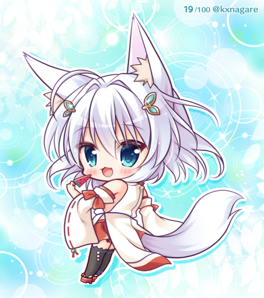 1girl animal_ear_fluff animal_ears bangs bare_shoulders black_legwear blue_eyes blush brown_footwear chibi commentary_request copyright_request detached_sleeves eyebrows_visible_through_hair food fox_ears fox_girl fox_tail full_body glint hair_between_eyes hair_ornament highres holding holding_food japanese_clothes kimono long_hair long_sleeves pleated_skirt popsicle red_skirt ribbon-trimmed_sleeves ribbon_trim ryuuka_sane silver_hair skirt sleeveless sleeveless_kimono solo standing tail thigh-highs twitter_username watermelon_bar white_kimono white_sleeves wide_sleeves
