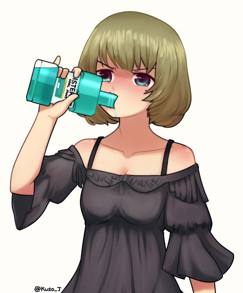 1girl bare_shoulders black_dress blue_eyes blush bra_strap breasts cleavage commentary detached_sleeves dress drinking english_commentary green_hair heterochromia highres idolmaster idolmaster_cinderella_girls jacy medium_breasts mole mole_under_eye mouthwash short_hair simple_background solo strapless strapless_dress takagaki_kaede tareme twitter_username upper_body v-shaped_eyebrows white_background wide_sleeves