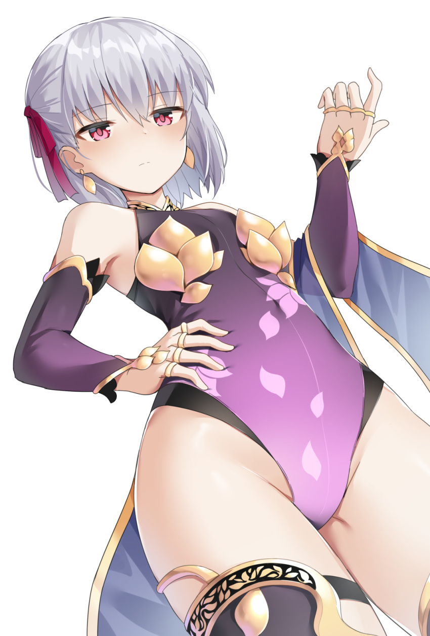 1girl adapted_costume bangs bare_shoulders black_legwear blush breasts closed_mouth copiz detached_sleeves expressionless eyebrows_visible_through_hair fate/grand_order fate_(series) from_below groin hair_ribbon hand_on_hip hand_up highres jewelry kama_(fate/grand_order) leotard long_sleeves looking_at_viewer looking_down pink_eyes purple_leotard red_ribbon ribbon ring short_hair silver_hair simple_background small_breasts solo thigh-highs thighs white_background