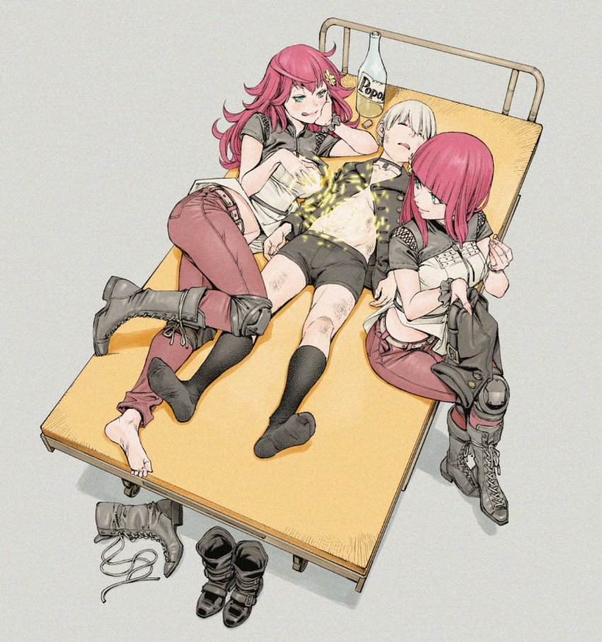 1boy 2girls black_boxer_briefs black_legwear blindfold bottle boxers clothes_removed devola dirty footwear_removed healing highres knee_pads licking_lips long_hair lying multiple_girls navel nier_(series) nier_automata on_back popola redhead shinya_komi shoes silver_hair single_shoe smile stomach tongue tongue_out unconscious underwear yorha_no._9_type_s