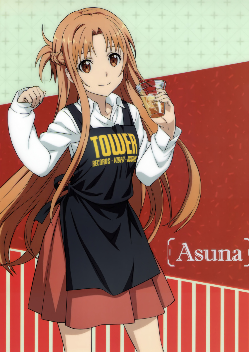 1girl absurdres apron asuna_(sao) black_apron braided_bun brown_eyes brown_hair character_name collared_shirt cup floating_hair highres holding holding_cup long_hair long_sleeves looking_at_viewer medium_skirt pleated_skirt red_skirt shirt skirt smile solo standing sword_art_online very_long_hair white_shirt wing_collar