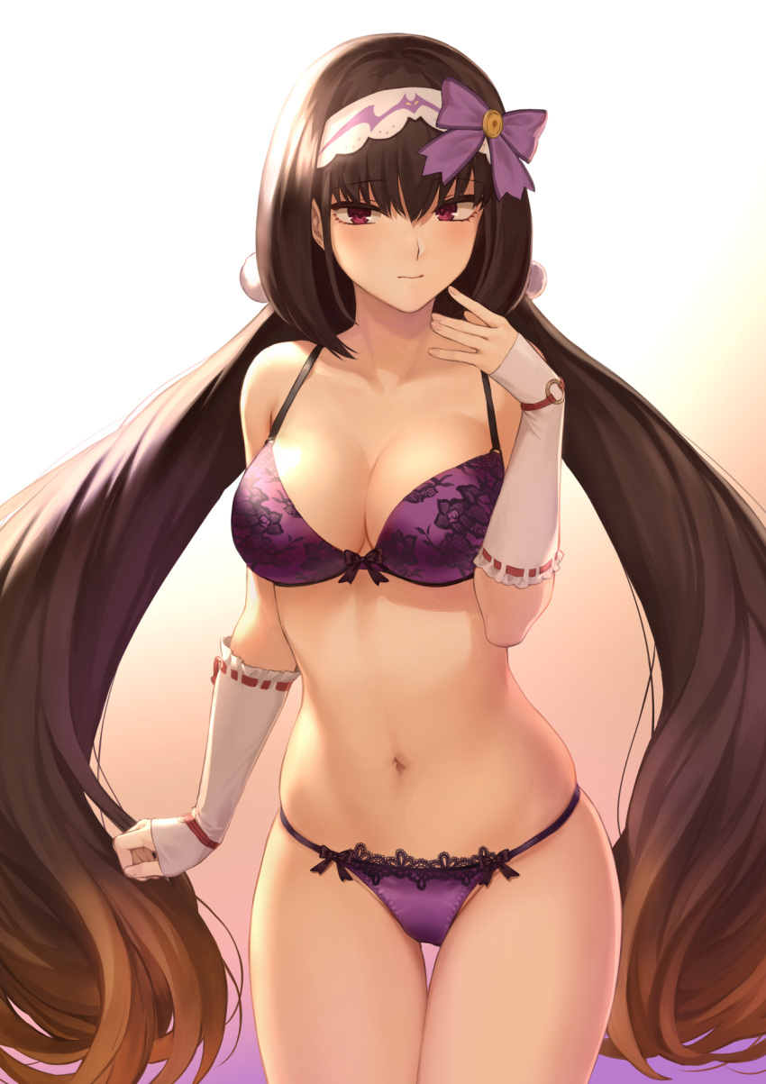 1girl bangs bare_shoulders black_hair blush bra breasts brown_hair cleavage collarbone detached_sleeves eyebrows_visible_through_hair fate/grand_order fate_(series) gradient gradient_background groin hair_between_eyes hair_ornament hairband hand_up highres lace lace-trimmed_panties large_breasts lingerie long_hair looking_at_viewer low_twintails mashu_003 medium_breasts navel osakabe-hime_(fate/grand_order) panties ribbon-trimmed_bra ribbon-trimmed_panties sidelocks signature skindentation solo thighs twintails underwear very_long_hair violet_eyes