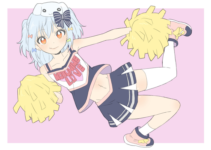 1boy absurdres animal_ears black_bow black_skirt blue_bow blue_hair blush bow cheerleader closed_mouth collarbone crossdressinging dog_ears donguri_suzume full_body hair_between_eyes hair_bow hair_ornament highres inuyama_tamaki looking_at_viewer mismatched_legwear navel otoko_no_ko pink_footwear pom_poms single_thighhigh skin_fang skirt sleeveless smile solo striped striped_bow thigh-highs trap tsukudani_norio_channel two_side_up virtual_youtuber white_legwear