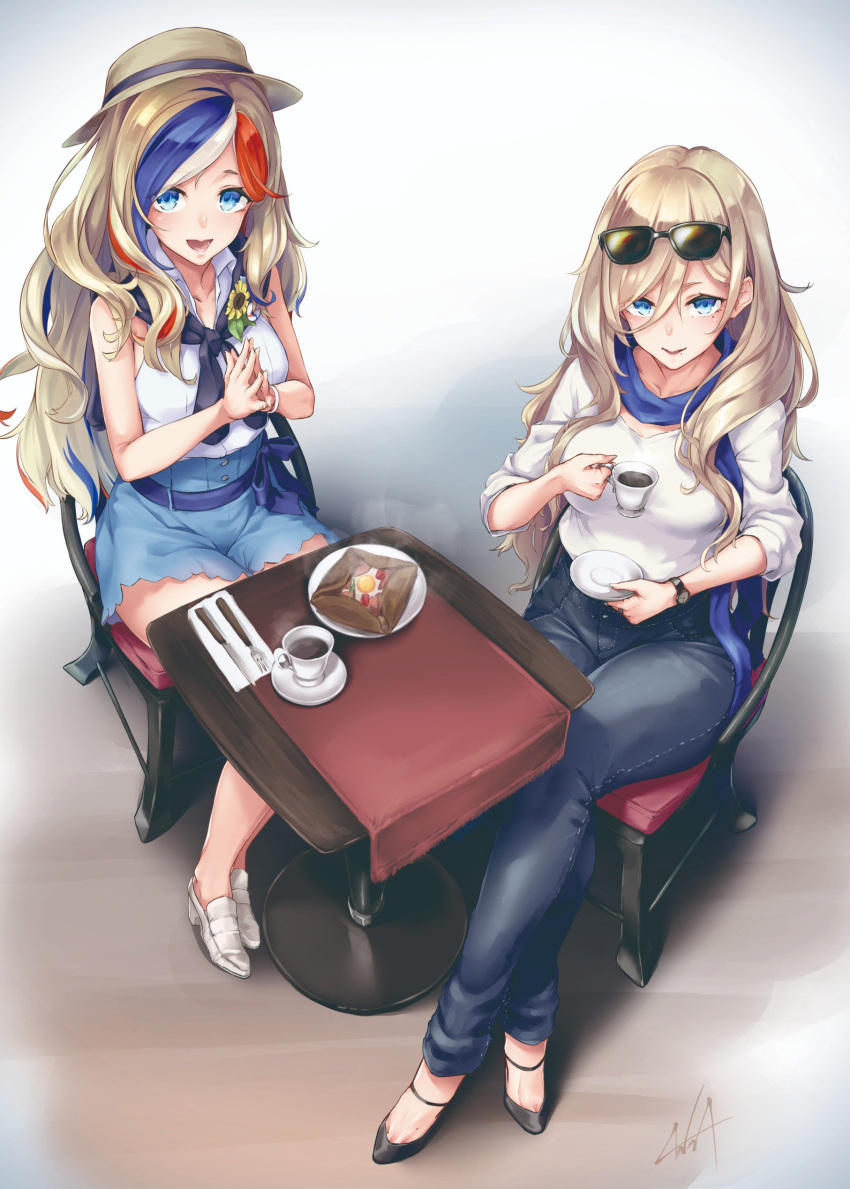 2girls absurdres alternate_costume bangs black_footwear blonde_hair blue_eyes blue_hair blue_scarf blue_skirt blush breasts casual chair coffee collared_shirt commandant_teste_(kantai_collection) cup denim eyewear_on_head fork full_body hair_between_eyes hands_together hat high_heels highres holding holding_cup holding_saucer jeans kantai_collection knife kurofude_anastasia legs_crossed long_hair looking_at_viewer medium_breasts mole mole_under_eye mole_under_mouth multicolored multicolored_clothes multicolored_hair multiple_girls open_mouth pants redhead richelieu_(kantai_collection) sash saucer scarf shirt sidelocks signature sitting skirt sleeveless sleeveless_shirt smile streaked_hair sunglasses table watch white_footwear white_hair white_shirt wristband yellow_eyes