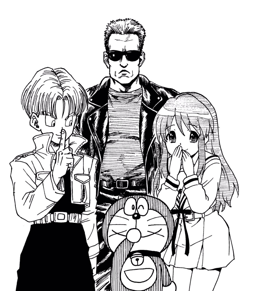 1boy arnold_schwarzenegger asahina_mikuru bell bell_collar belt collar crossover doraemon doraemon_(character) dragon_ball dragonball_z finger_to_mouth highres jacket kita_high_school_uniform leather leather_jacket lee_(dragon_garou) monochrome school_uniform shushing suzumiya_haruhi_no_yuuutsu t-800 terminator trunks_(future)_(dragon_ball)