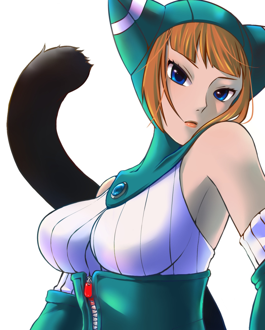 1girl animal_ears animal_hood blue_eyes breasts breath_of_fire breath_of_fire_v cat_ears cat_hood closed_mouth commentary_request dress gloves highres hood hyuuganatsu lin_(breath_of_fire) looking_at_viewer orange_hair ribbed_sweater short_hair simple_background solo sweater tail white_background