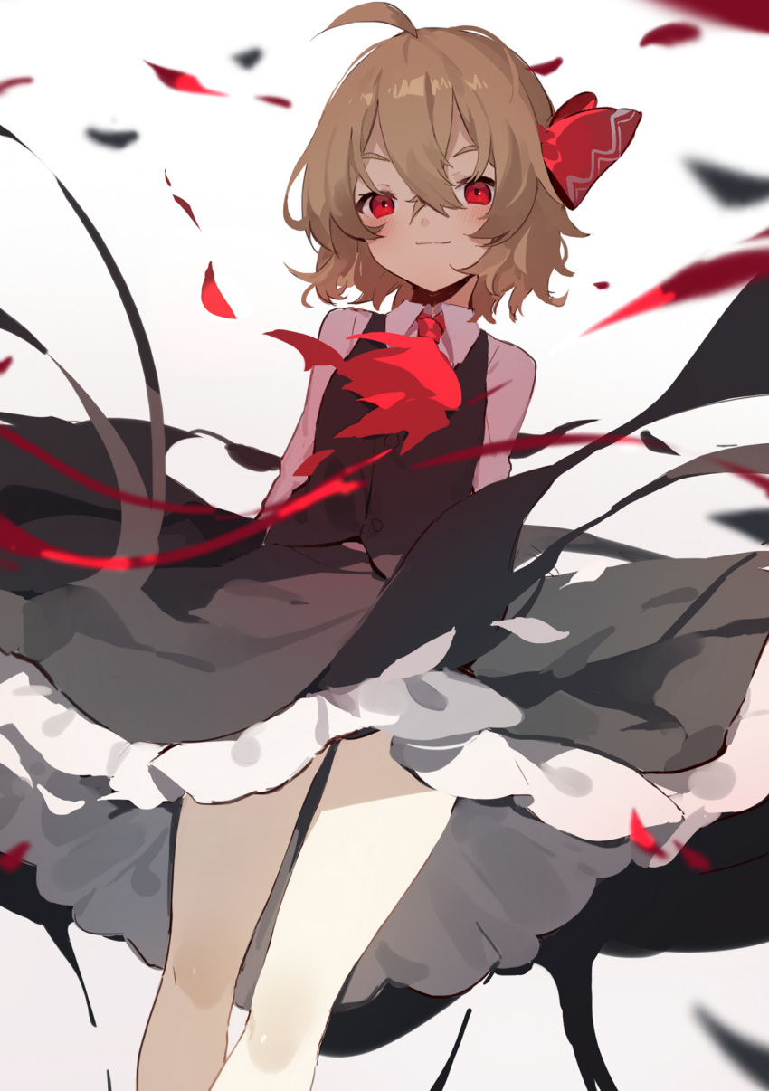 1girl ahoge ascot bangs black_skirt blonde_hair blush commentary_request feet_out_of_frame hair_between_eyes hair_ribbon highres long_sleeves looking_at_viewer petals petticoat red_eyes red_neckwear red_ribbon red_vest ribbon rose_petals rumia sh_(562835932) shirt short_hair simple_background skirt smile solo thighs touhou vest white_background white_shirt