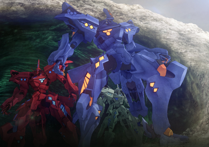 assault_visor cave highres looking_up mecha muvluv muvluv_alternative muvluv_unlimited:_the_day_after no_humans official_art red_eyes robot science_fiction solo_focus standing tactical_surface_fighter type_00_takemikazuchi