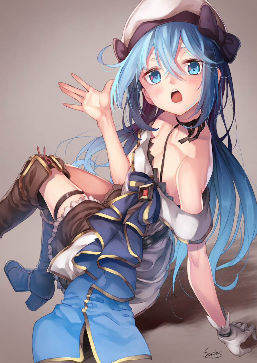 1girl arm_support bangs bare_shoulders blue_eyes blue_hair blush boots bow breasts brown_background brown_footwear choker dress frills from_side hair_between_eyes hand_up hat hat_bow high_heel_boots high_heels highres lee_(saraki) long_hair looking_at_viewer medium_breasts off-shoulder_dress off_shoulder open_mouth original petticoat saraki simple_background sitting skirt smile solo thigh-highs thigh_boots thigh_strap upper_teeth