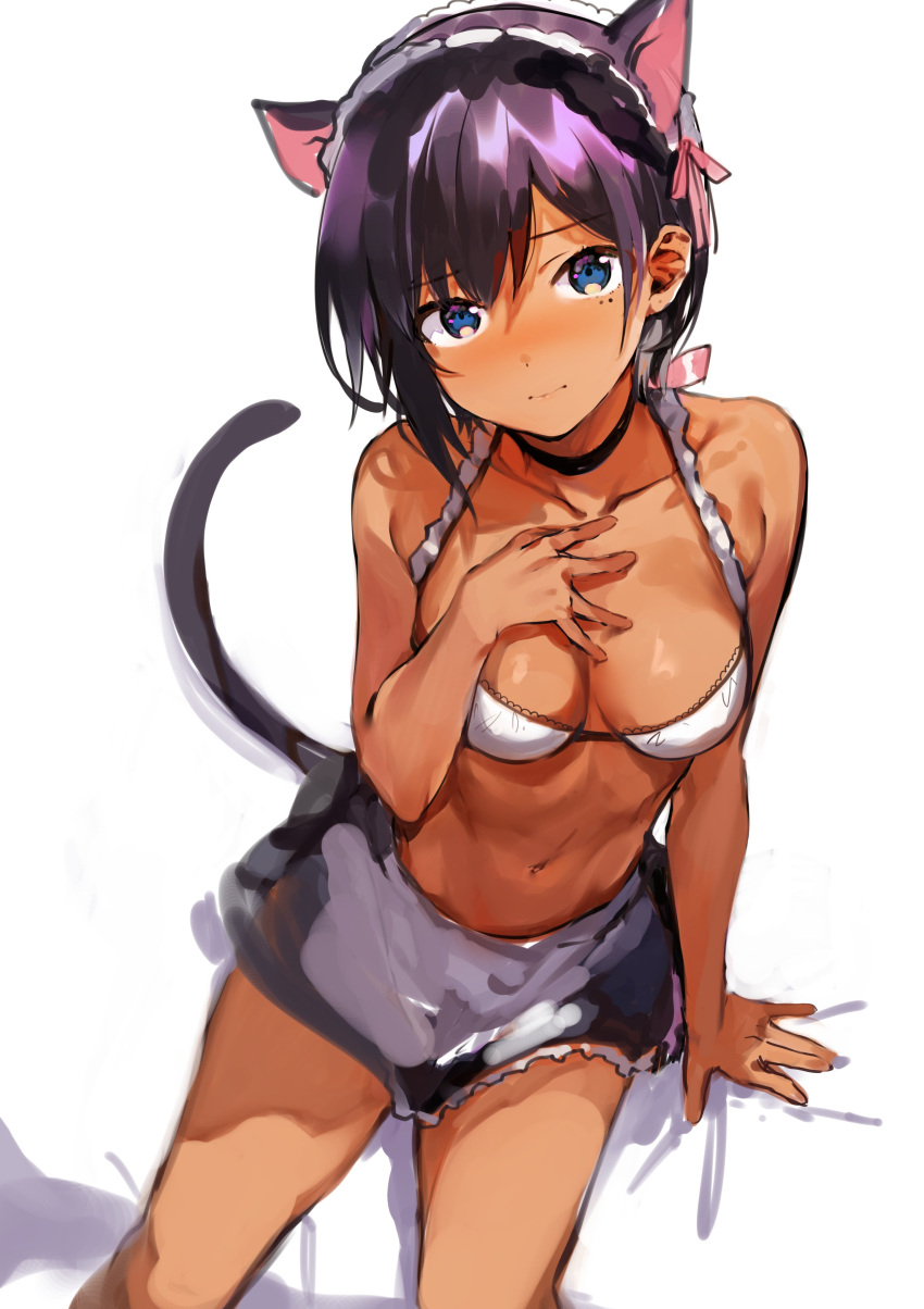 1girl absurdres animal_ears apron arm_at_side bare_arms bare_shoulders bikini_top black_choker black_skirt blue_eyes blush breasts cat_ears cat_tail choker cleavage closed_mouth collarbone commentary_request copyright_request fake_animal_ears hairband hand_on_own_chest head_tilt highres konbu_wakame looking_at_viewer medium_breasts miniskirt mole mole_under_eye navel nose_blush purple_hair purple_hairband short_hair simple_background sitting sketch skirt smile solo stomach swimsuit tail waist_apron white_apron white_background white_bikini_top