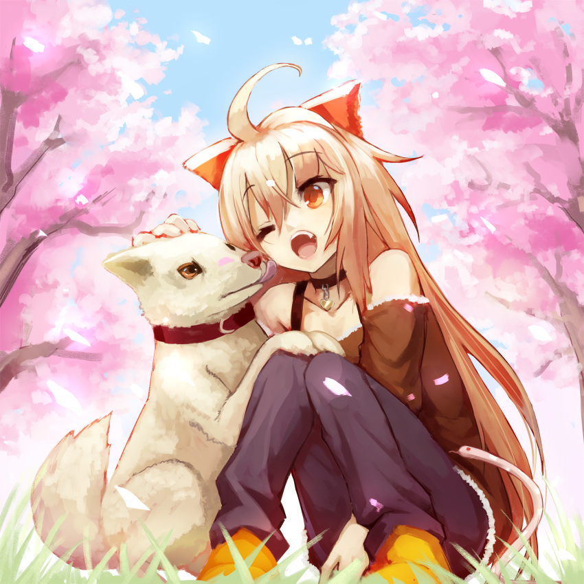 1girl ahoge animal bangs bare_shoulders black_pants blue_sky bow brown_bow brown_eyes brown_hair brown_shirt cherry_blossoms commentary_request day dog eyebrows_visible_through_hair flower grass hair_between_eyes hair_bow highres long_hair off-shoulder_shirt off_shoulder one_eye_closed open_mouth orange_footwear outdoors pants pink_flower shadow_alice_(wonderland_wars) shirt shoes sitting sky solo sue_(bg-bros) tongue tongue_out tree very_long_hair wonderland_wars