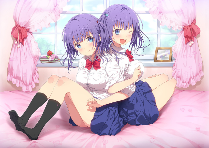 2girls ;d ass back-to-back bangs bed black_legwear blue_eyes blue_skirt blush bow bowtie breast_pocket breasts closed_mouth collared_shirt curtains day dress_shirt emoi_do eyebrows_visible_through_hair fang flower hair_ornament indoors kneehighs large_breasts locked_arms long_sleeves medium_hair miniskirt multiple_girls on_bed one_eye_closed open_mouth original photo_(object) pink_flower pink_rose pleated_skirt pocket purple_hair red_bow red_flower red_rose rose school_uniform shirt siblings sitting skirt sleeves_rolled_up smile star star_hair_ornament taut_clothes taut_shirt twins twintails white_shirt window