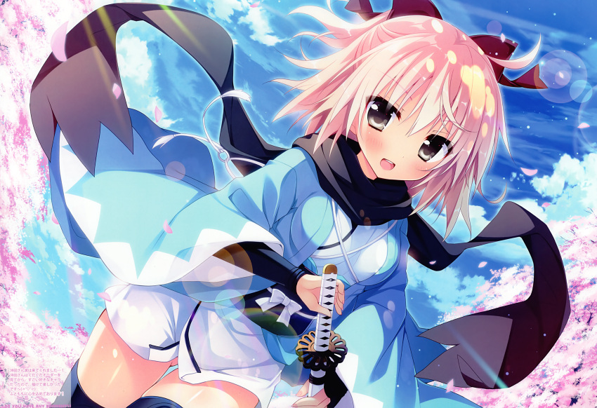 1girl :d absurdres black_bow black_legwear black_scarf black_sleeves blue_sky blush bow cherry_blossoms clouds day eyebrows_visible_through_hair fate/grand_order fate_(series) grey_eyes hair_between_eyes hair_bow haori highres holding holding_sheath huge_filesize japanese_clothes katana kimono koha-ace lens_flare long_sleeves looking_at_viewer okita_souji_(fate) okita_souji_(fate)_(all) open_mouth outdoors scarf sheath shiny shiny_skin shiromochi_sakura short_hair short_kimono silver_hair sky smile solo standing sword thigh-highs thigh_gap weapon white_kimono