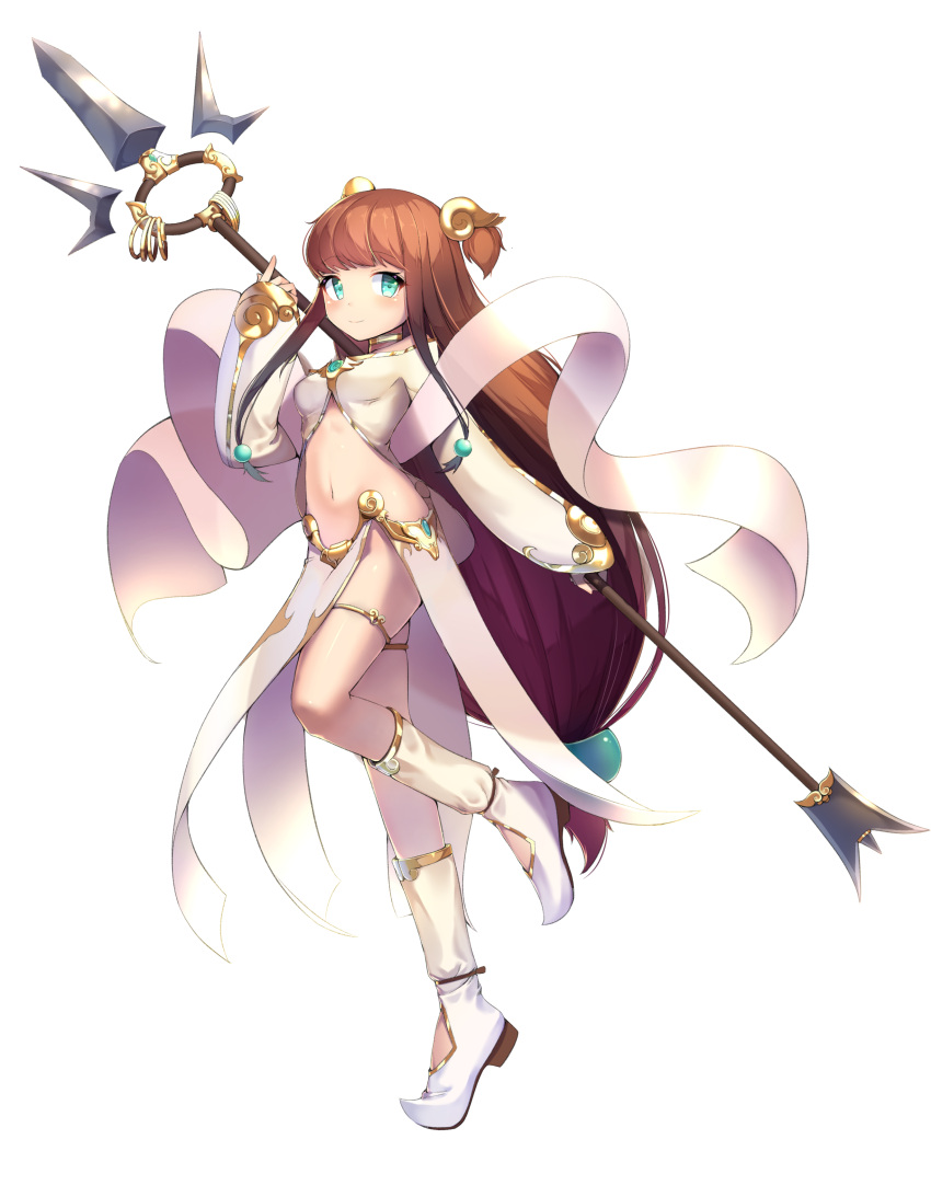 1girl absurdres bangs blue_eyes blush boots breasts brown_hair commentary dot_nose eyebrows_visible_through_hair full_body hair_ornament highres holding holding_spear holding_weapon leg_up long_hair long_sleeves looking_at_viewer navel original polearm raizen_(jung_0000) revealing_clothes simple_background sleeves_past_wrists small_breasts smile solo spear very_long_hair weapon white_background white_footwear