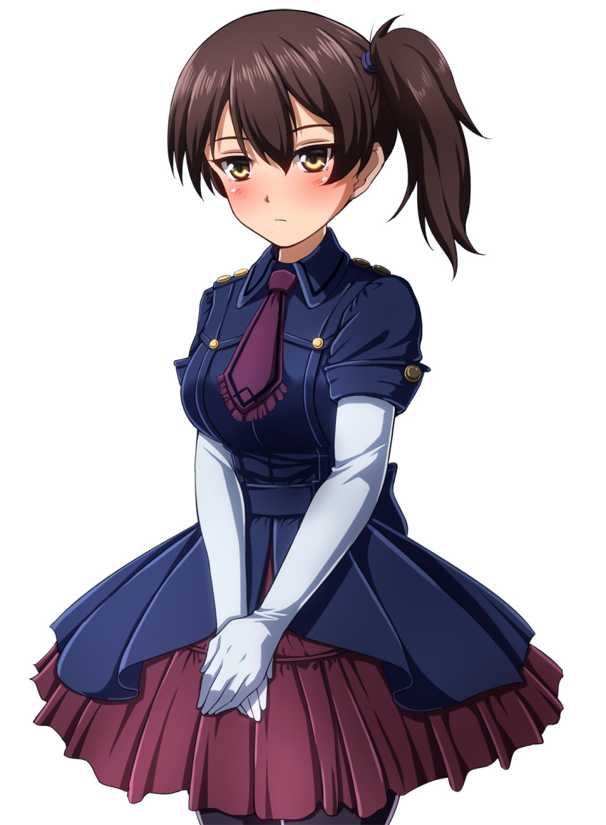 1girl black_legwear blue_dress blush brown_eyes brown_hair bubble_skirt closed_mouth collared_dress cowboy_shot dress elbow_gloves formal frilled_neckwear frown gloves hair_tie hands_together highres kaga_(kantai_collection) kantai_collection long_hair looking_at_viewer necktie pantyhose petticoat purple_neckwear short_dress short_sleeves side_ponytail simple_background sitting skirt solo v_arms white_background zanntetu