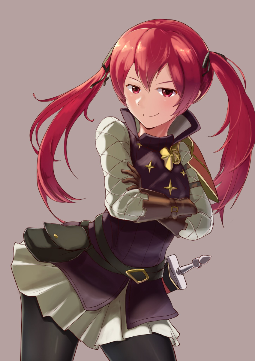 1girl black_legwear brown_gloves closed_mouth crossed_arms fire_emblem fire_emblem_if gloves grey_background hair_ribbon highres hirotaka_(hrtk990203) long_hair long_sleeves luna_(fire_emblem_if) nintendo red_eyes redhead ribbon scabbard sheath sheathed simple_background solo sword twintails weapon