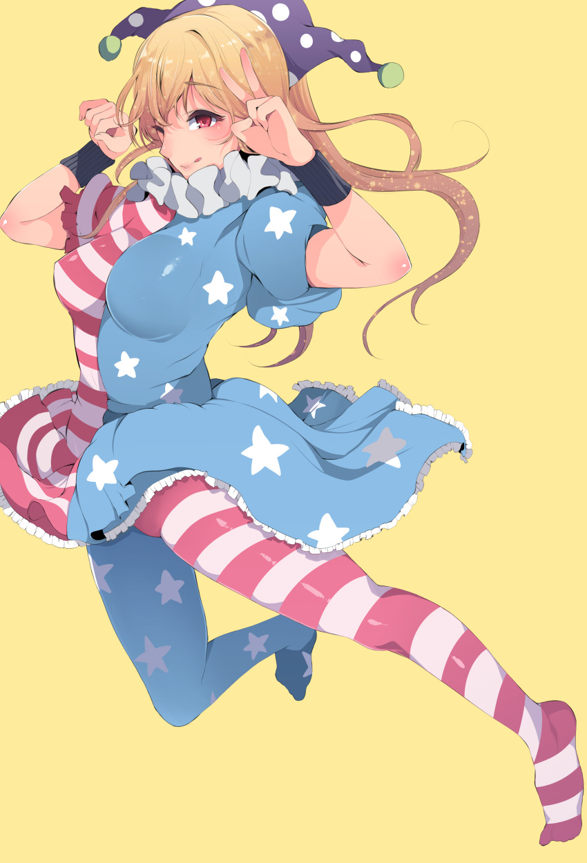1girl absurdres alternate_breast_size american_flag american_flag_dress american_flag_legwear blonde_hair blue_dress blue_legwear breasts closed_mouth clownpiece commentary_request dress dress_lift frilled_dress frills hat highres impossible_clothes jester_cap jumping large_breasts light_smile looking_at_viewer looking_to_the_side medium_hair motley multicolored multicolored_clothes multicolored_dress multicolored_legwear neck_ruff older one_eye_closed pantyhose pink_eyes polka_dot_hat puffy_short_sleeves puffy_sleeves purple_headwear red_dress red_legwear sakurayu_haru short_sleeves simple_background solo star star_print striped striped_dress striped_legwear tongue tongue_out touhou v wrist_cuffs yellow_background