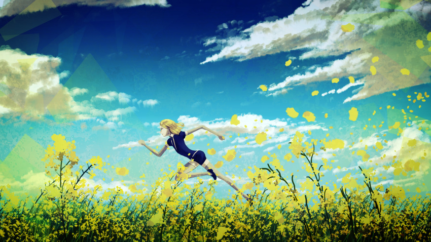 1other androgynous blonde_hair blue_sky clouds elbow_gloves flower gem_uniform_(houseki_no_kuni) gloves highres houseki_no_kuni mint_(catofminto) necktie outdoors petals running scenery short_hair sky solo thigh-highs yellow_diamond_(houseki_no_kuni) yellow_flower