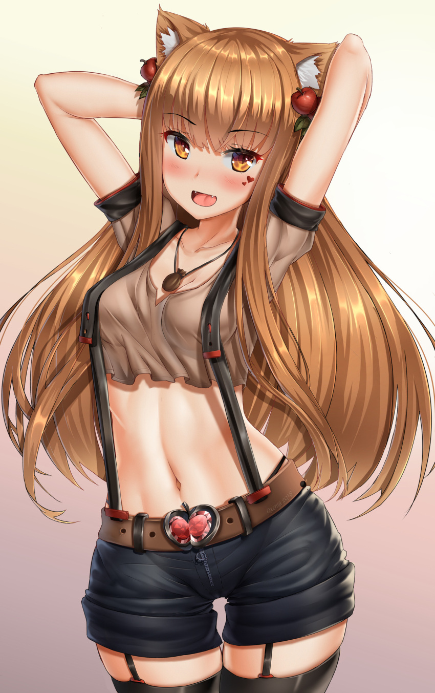 1girl :d animal_ear_fluff animal_ears apple_belt_buckle apple_hair_ornament arms_up bangs bare_arms beige_shirt belt belt_buckle black_legwear black_shorts breasts brown_belt buckle collarbone commentary cowboy_shot crop_top crop_top_overhang cropped_shirt english_commentary eyebrows_visible_through_hair fangs food_themed_hair_ornament garter_straps gradient gradient_background hair_ornament hair_spread_out highres holo jewelry looking_at_viewer medium_breasts midriff navel necklace open_mouth orange_eyes orange_hair oxenia pendant shiny shiny_hair short_shorts short_sleeves shorts skindentation slit_pupils smile spice_and_wolf standing stomach strap_gap suspenders thigh-highs thigh_gap wide_hips wolf_ears wolf_girl zipper zipper_pull_tab