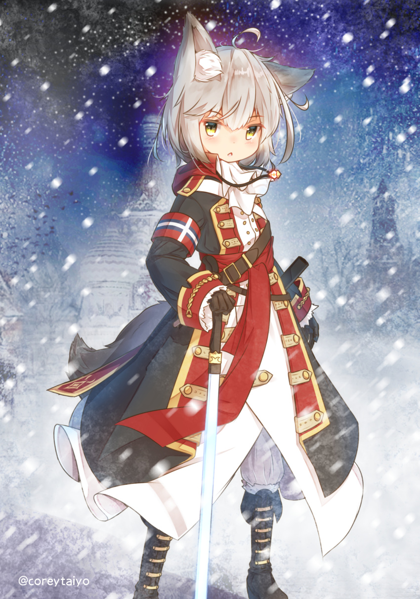 1girl :o ahoge animal_ear_fluff animal_ears bangs black_coat black_footwear black_gloves blush boots coreytaiyo eyebrows_visible_through_hair gloves grey_hair grey_pants hair_between_eyes hand_on_hilt heterochromia highres holding holding_sword holding_weapon knee_boots long_sleeves looking_at_viewer military military_uniform night night_sky original outdoors pants parted_lips red_eyes sheath sky sleeves_past_wrists snow solo sword twitter_username uniform unsheathed v-shaped_eyebrows weapon yellow_eyes