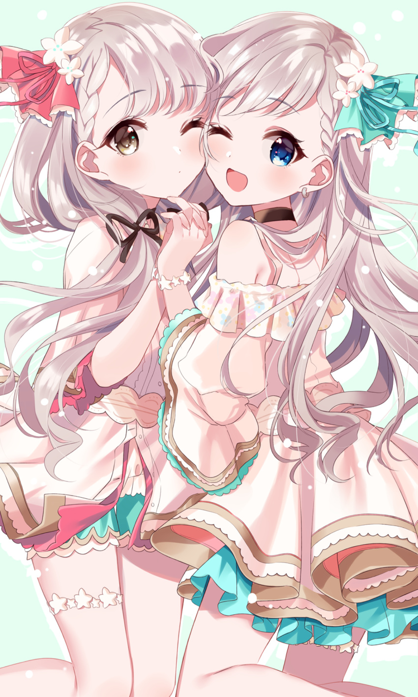 2girls bangs black_ribbon blue_eyes blush braid brown_eyes choker collarbone commentary_request dress earrings grey_hair hair_ribbon hand_holding highres hisakawa_hayate hisakawa_nagi idolmaster idolmaster_cinderella_girls idolmaster_cinderella_girls_starlight_stage jewelry long_hair looking_at_viewer low_twintails misumi_(macaroni) multiple_girls one_eye_closed open_mouth ribbon siblings sisters smile thigh_strap thighs twins twintails