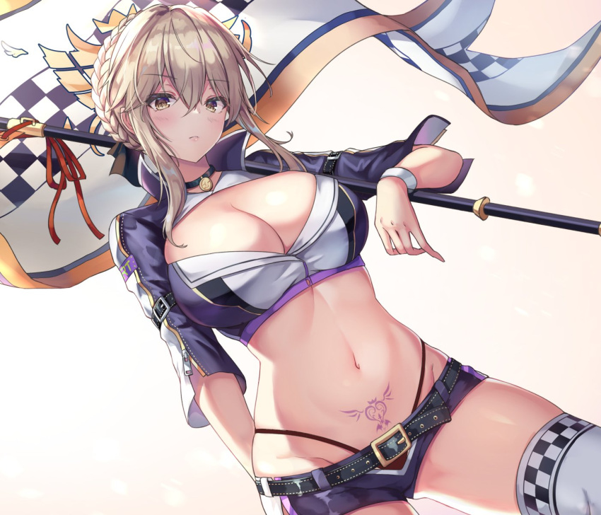 1girl artoria_pendragon_(all) artoria_pendragon_(lancer_alter) blonde_hair blush braid breasts cenangam choker cleavage cleavage_cutout dutch_angle eyebrows_visible_through_hair fate/grand_order fate_(series) flag highleg highleg_panties highres large_breasts looking_at_viewer midriff navel panties pubic_tattoo racequeen short_shorts shorts shrug_(clothing) simple_background skindentation solo standard_bearer standing tattoo thigh-highs underwear white_background wristband yellow_eyes