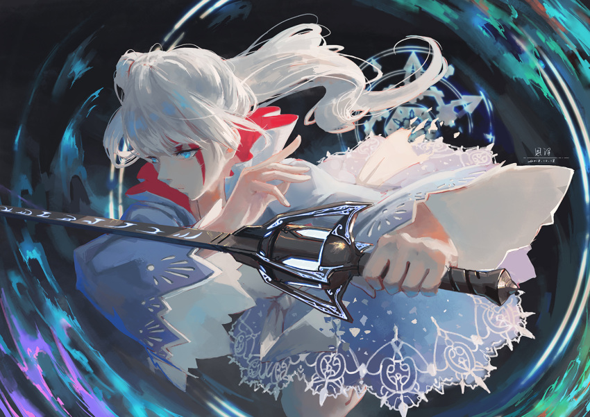 1girl bangs blue_dress blue_eyes commentary dated dress expressionless fighting_stance floating_hair high_collar holding holding_sword holding_weapon left-handed long_hair long_sleeves magic_circle myrtenaster ponytail rapier rwby scar scar_across_eye side_ponytail signature solo sword weapon weiss_schnee white_hair wide_sleeves xiaobanbei_milk