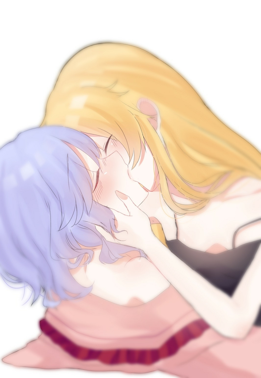 2girls bangs bare_arms bare_shoulders black_camisole blonde_hair blue_hair blurry blurry_background blurry_foreground blush breasts camisole closed_eyes commentary_request depth_of_field eringi_(rmrafrn) eyebrows_visible_through_hair french_kiss hair_between_eyes highres kirisame_marisa kiss multiple_girls off_shoulder pink_shirt profile remilia_scarlet shirt simple_background small_breasts strap_slip touhou white_background yuri