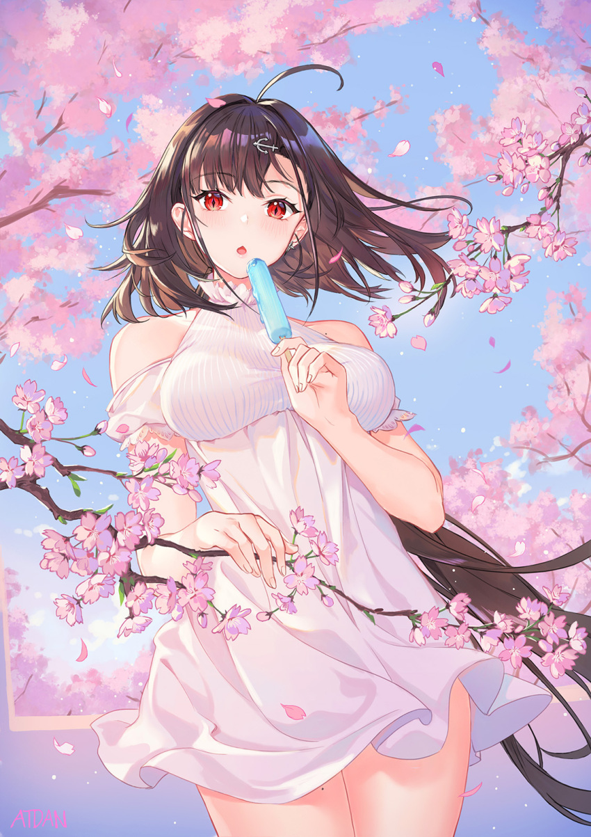 1girl :o ahoge anchor_hair_ornament artist_name atdan azur_lane bare_shoulders blue_sky blush breasts brown_hair cherry_blossoms collarbone commentary cowboy_shot day dress earrings food hair_intakes hair_ornament highres holding holding_food independence_(azur_lane) jewelry large_breasts light_particles long_hair looking_at_viewer low_ponytail mole mole_on_thigh off_shoulder open_mouth outdoors petals popsicle red_eyes short_sleeves sidelocks sky slit_pupils solo standing thighs tree very_long_hair white_dress