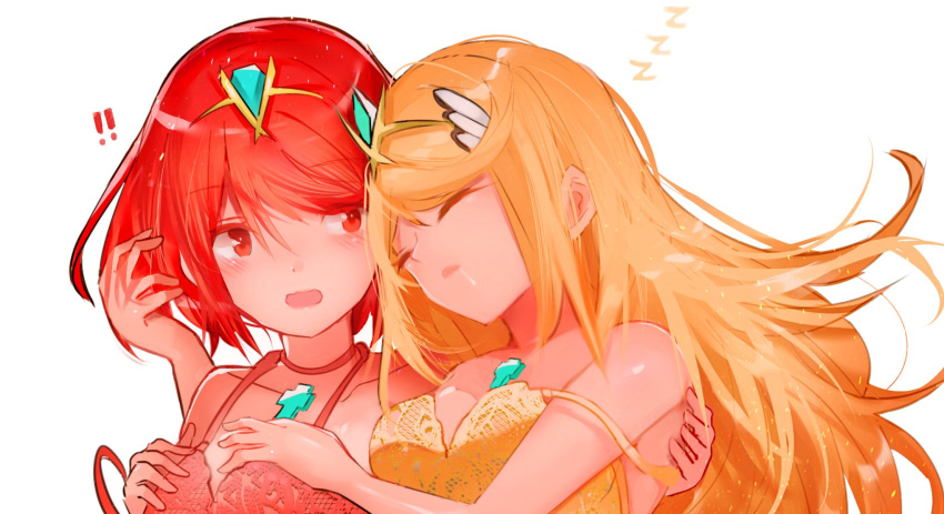 !! 2girls bare_arms bare_shoulders breasts closed_eyes collarbone commentary_request dress drooling feet_out_of_frame hair_ornament headpiece highres mythra_(xenoblade) pyra_(xenoblade) long_hair medium_breasts multiple_girls nintendo open_mouth orange_hair red_dress red_eyes redhead saliva short_dress simple_background sleeping strap_slip tarbo_(exxxpiation) upper_body very_long_hair white_background xenoblade_(series) xenoblade_2 yellow_dress zzz